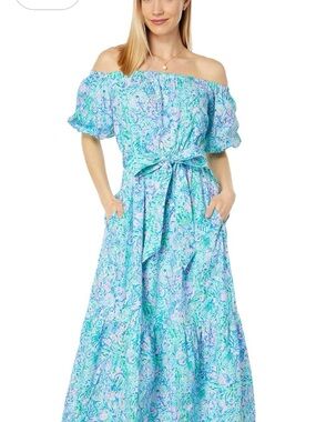 🌊💙 **Lilly Pulitzer Tamie Off-Shoulder Midi Dress – “Surf Blue Soleil It On Me